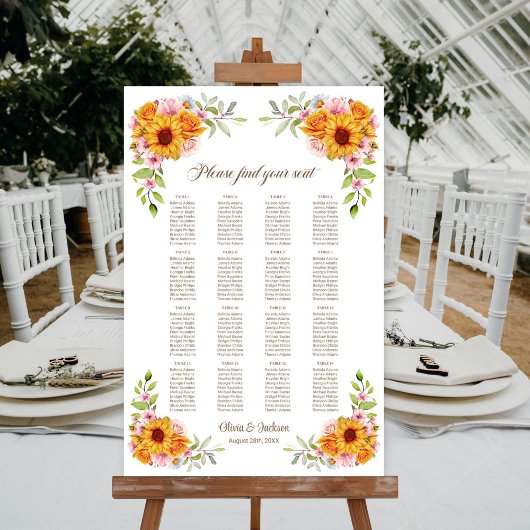 Poster Plan de table de mariage Tournesol 16 tables