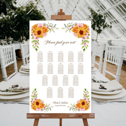 Poster Plan de table de mariage Tournesol Rose 17 tables