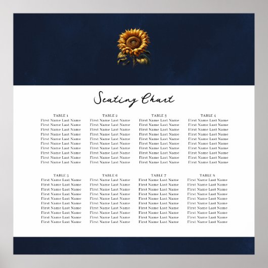 Poster Plan de table de mariage tournesol rustique bleu (Devant)