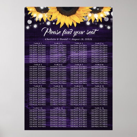 Poster Plan de table de mariage Tournesol Violet 16 (Devant)