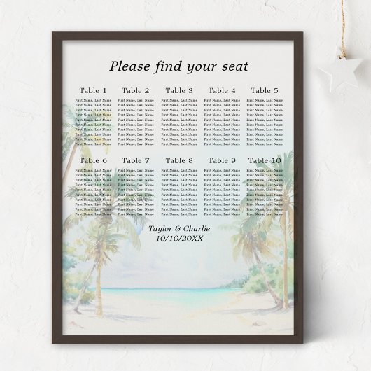 Poster Plan de table de mariage Tropical Beach 10 tables