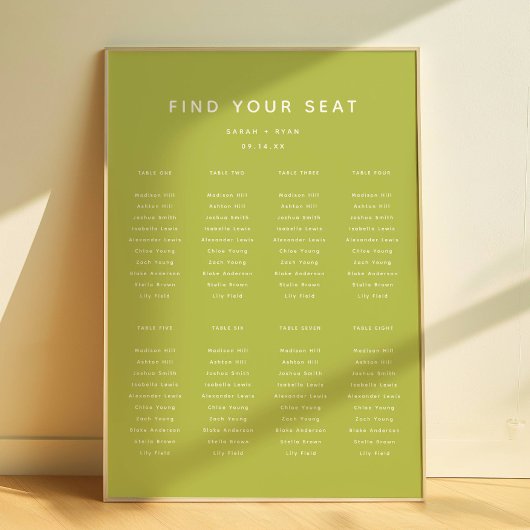 Poster Plan de table de mariage vert citron moderne pour