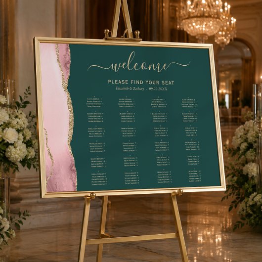 Poster Plan de table de mariage Vert émeraude Agate Or ro