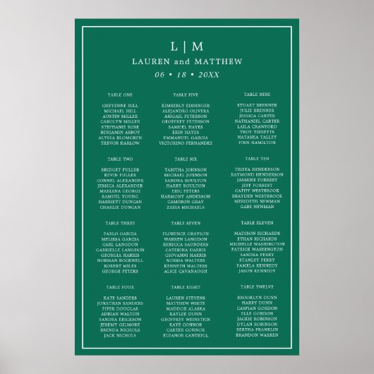 Poster Plan de table de mariage vert émeraude simple (Devant)