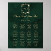 Poster Plan de table de mariage vert et or Monogramme Crê (Devant)