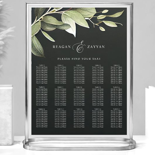 Poster Plan de table de mariage Vert foncé Mod Feuillage