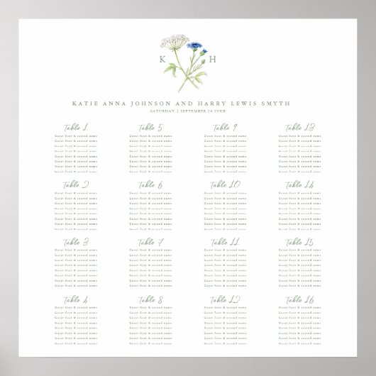 Poster Plan de table de mariage vert monogramme fleur sau (Devant)