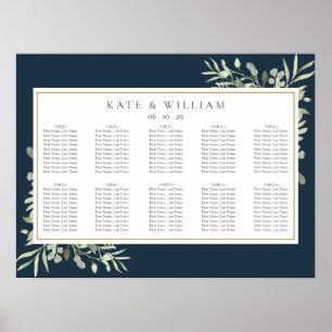 Poster Plan de table de mariage vert Navy Blue Or