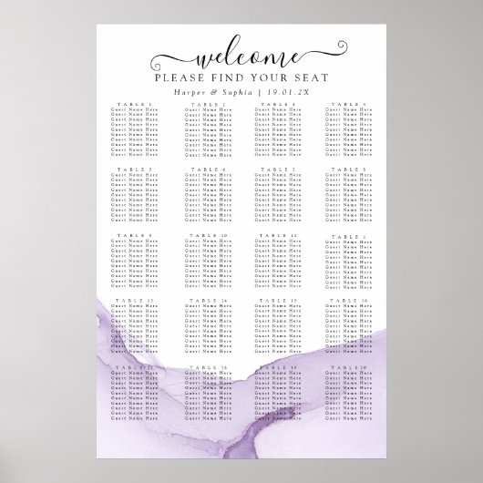 Poster Plan de table de mariage violet aquarelle moderne (Devant)
