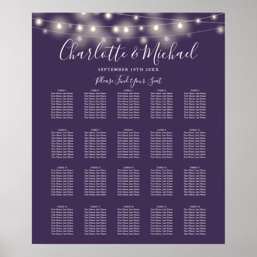Poster Plan de table de mariage violet avec guirlandes lu (Devant)