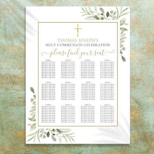 Poster Plan de table de première communion verte dorée