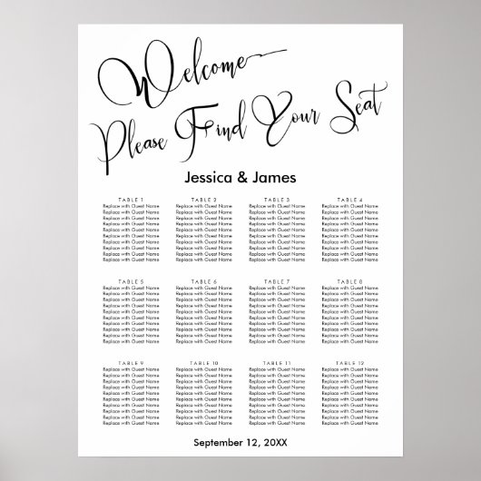 Poster Plan de table de réception de mariage en écriture (Devant)