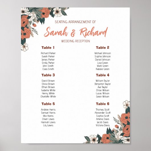 Poster Plan de table de réception de mariage floral éléga (Devant)