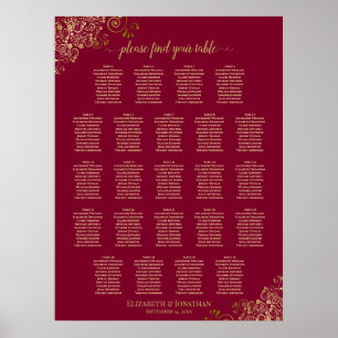 Poster Plan de table élégant burgundy & or 23 tables