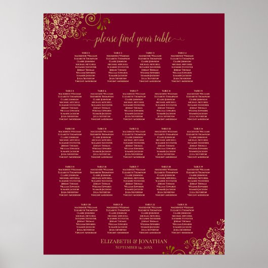 Poster Plan de table élégant burgundy & or 23 tables (Devant)