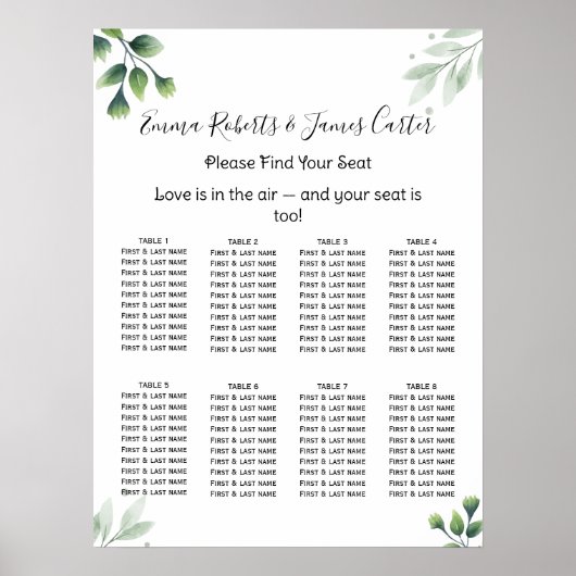 Poster Plan de table élégant de mariage avec verdure (Devant)