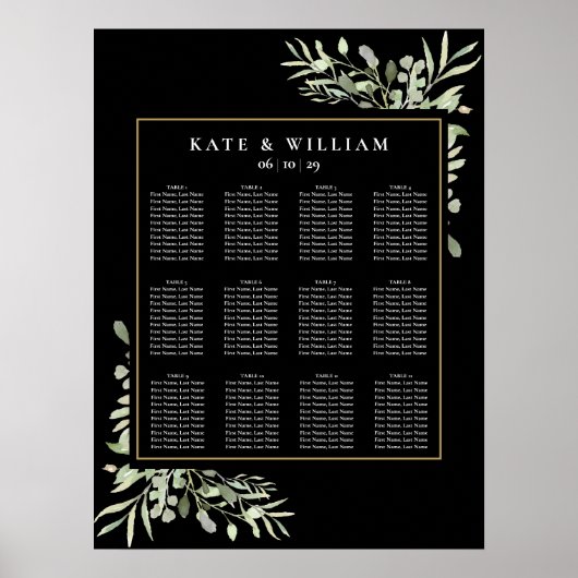 Poster Plan de table élégant de mariage avec verdure noir (Devant)