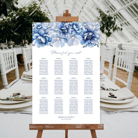 Poster Plan de table élégant de mariage floral bleu pour 