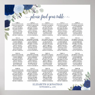 Poster Plan de table élégant floral bleu pour 20 tables d