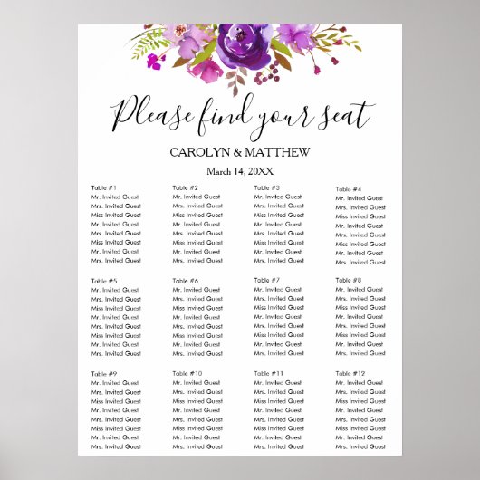 Poster Plan de table floral aquarelle lilas et violet (Devant)