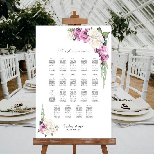Poster Plan de table floral rose blanc 19 tables