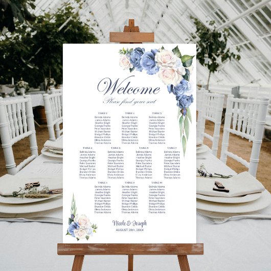Poster Plan de table floral rose bleu blanc 10 tables