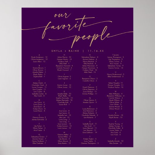 Poster Plan de table imprimable Boho or et violet (Devant)