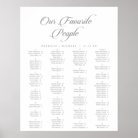 Poster Plan de table imprimable calligraphié chic classiq (Devant)