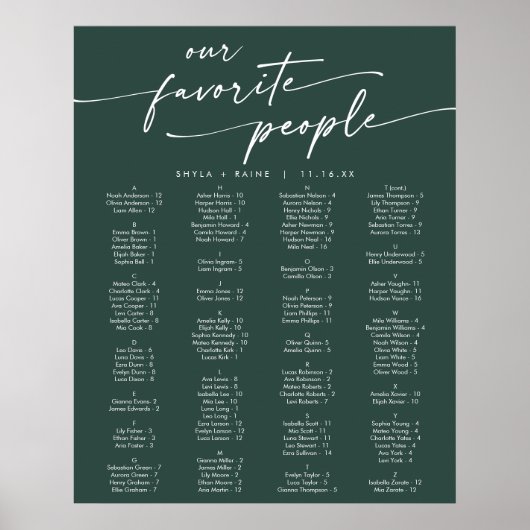 Poster Plan de table imprimable vert émeraude Bohème Chic (Devant)