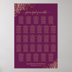 Poster Plan de table magenta prune & or pour 28 tables