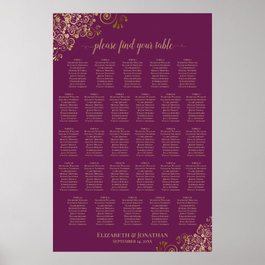 Poster Plan de table magenta prune & or pour 28 tables (Devant)