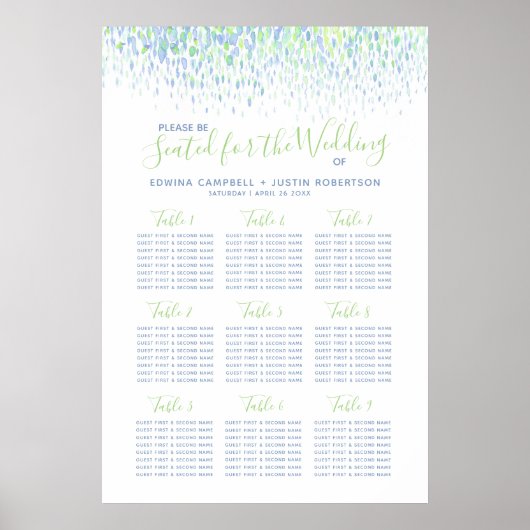 Poster Plan de table mariage abstrait bleu vert (Devant)