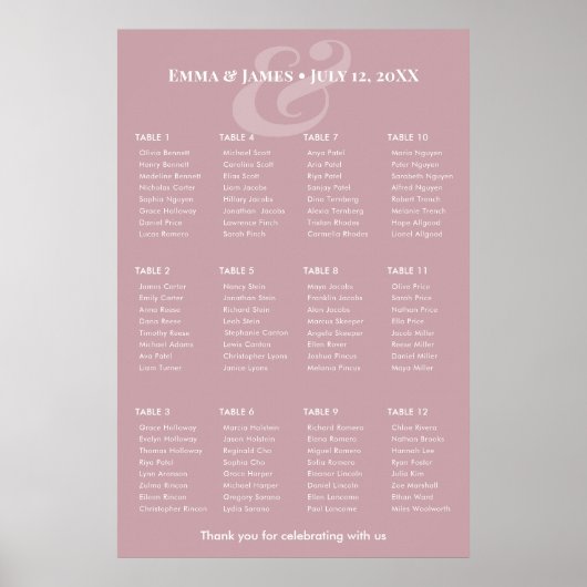 Poster Plan de table Mariage Mauve Inversé & | 12 Tables (Devant)