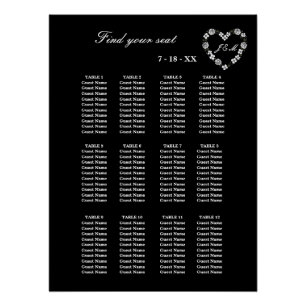 Poster Plan de table mariage noir et blanc 12 tables