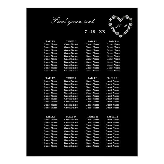 Poster Plan de table mariage noir et blanc 12 tables (Devant)