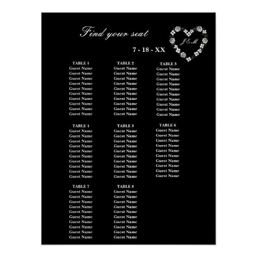 Poster Plan de table mariage noir et blanc 8 tables (Devant)