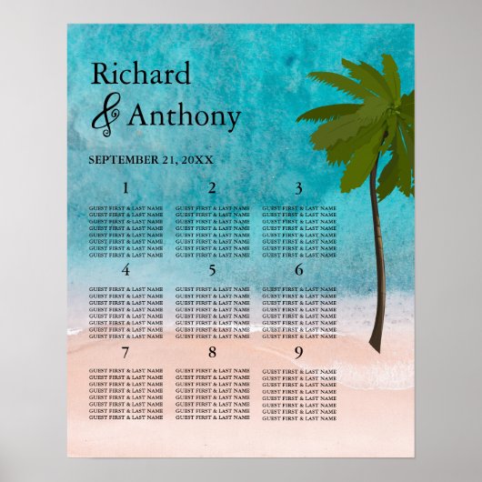Poster Plan de table Mariage Ocean Beach Palm Tree (Devant)