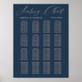 Poster Plan de table moderne mariage bleu et or rose (Devant)