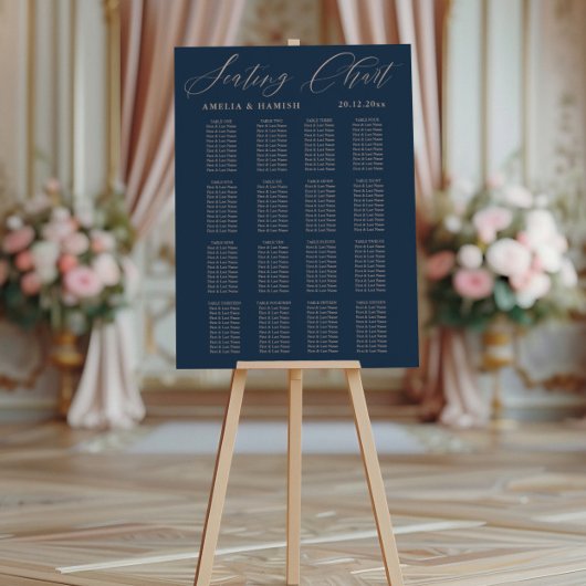 Poster Plan de table moderne mariage bleu et or rose
