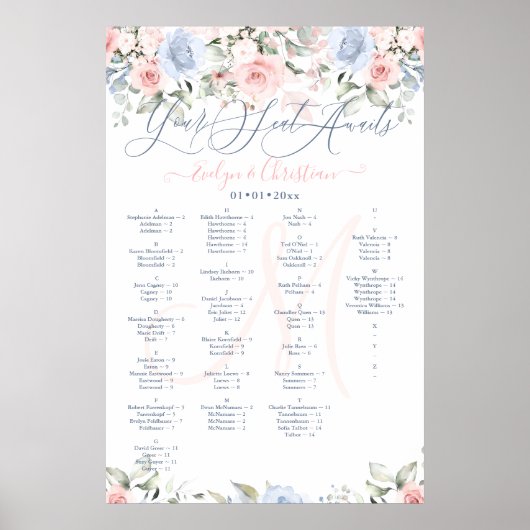Poster Plan de table Monogram Blush & Dusty Blue Roses (Devant)