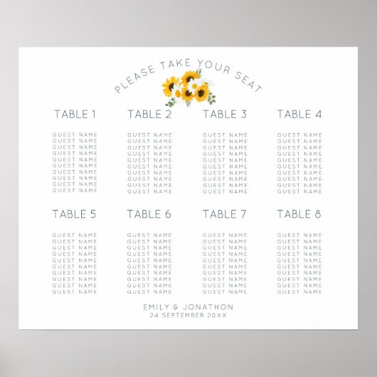 Poster Plan de table motif tournesols 8 tables 80 invités (Devant)