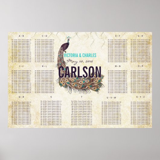 Poster Plan de table Paon Moderne Vintage (Devant)