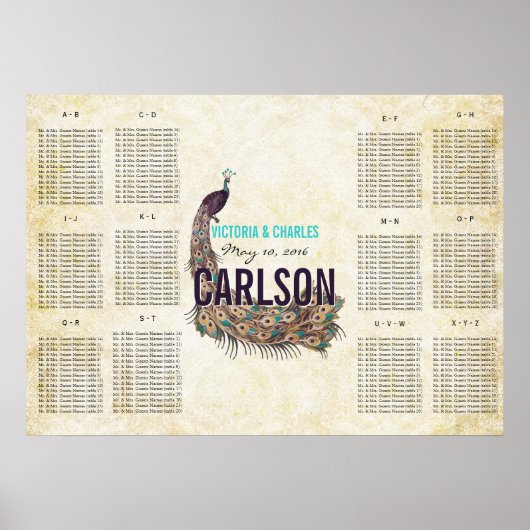 Poster Plan de table Paon Moderne Vintage (Devant)