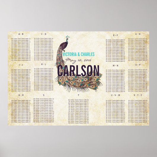 Poster Plan de table Paon Moderne Vintage (Devant)