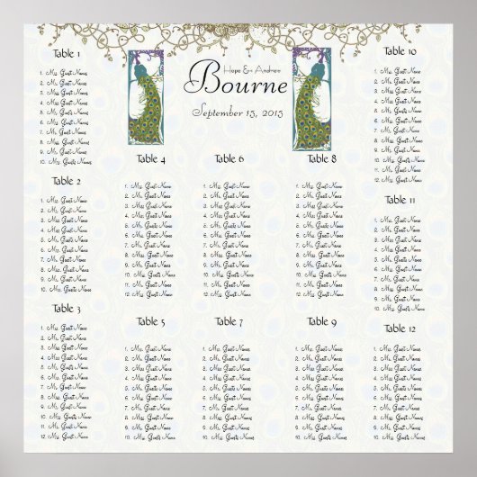 Poster Plan de table Paon Oiseaux Anciens 12 Tables (Devant)