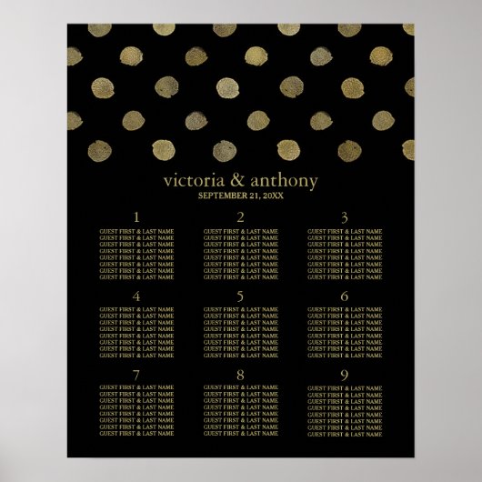 Poster Plan de table Pois Black & Gold moderne (Devant)