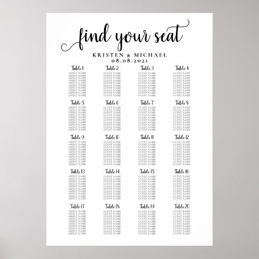Poster Plan de table pour 20 tables pour grand mariage (Devant)
