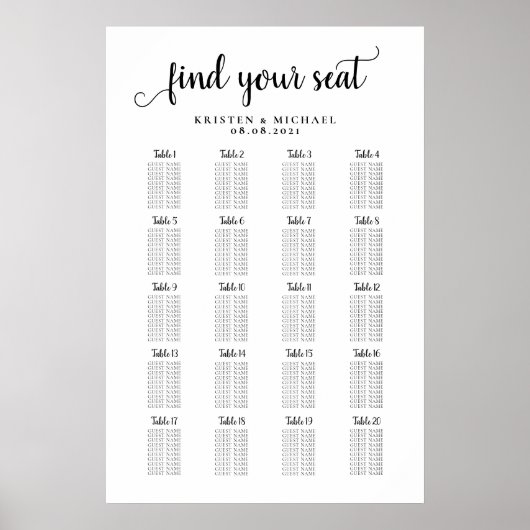 Poster Plan de table pour 20 tables pour grand mariage (Devant)