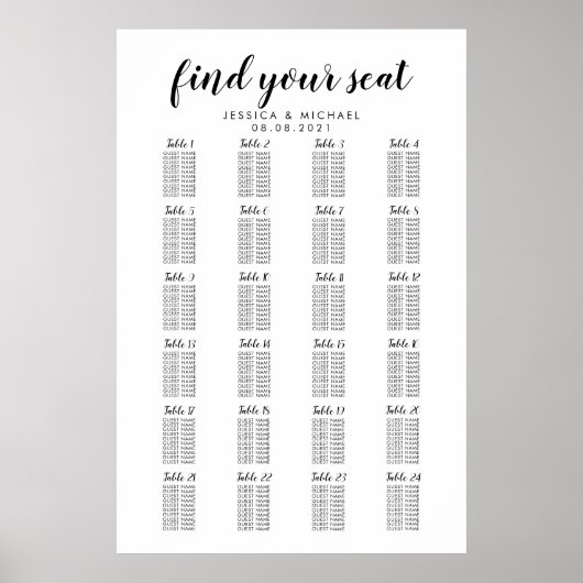 Poster Plan de table pour 24 tables pour grand mariage (Devant)