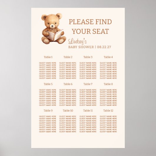 Poster Plan de table pour Baby Shower Ours en peluche de  (Devant)